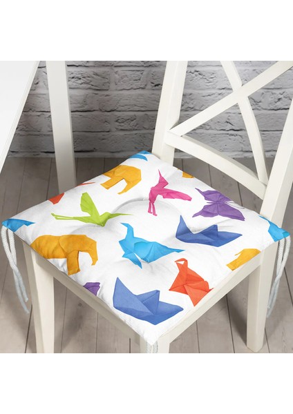Beyaz Zeminli Origami Sanatı Dijital Baskılı Modern Pofidik Sandalye Minderi