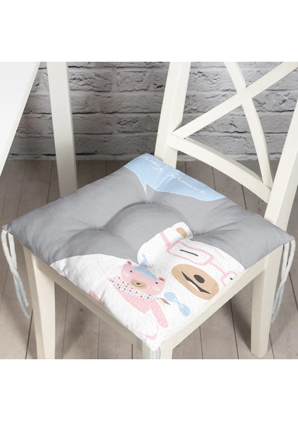 Gri Zeminde Anne ve Yavru Ayı Baby Shower Dijital Baskılı Çocuk Odası Pofidik Sandalye Minderi