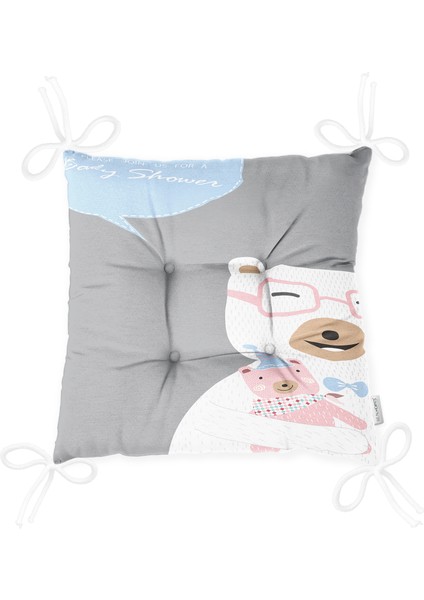 Gri Zeminde Anne ve Yavru Ayı Baby Shower Dijital Baskılı Çocuk Odası Pofidik Sandalye Minderi modelleri