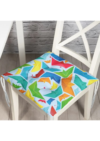 Mavi Zeminde Origami Gemiler Dijital Baskılı Modern Pofidik Sandalye Minderi