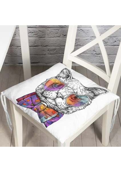 Renkli Gözlüklü Siyah Beyaz Kedi Dijital Baskılı Modern Pofidik Sandalye Minderi