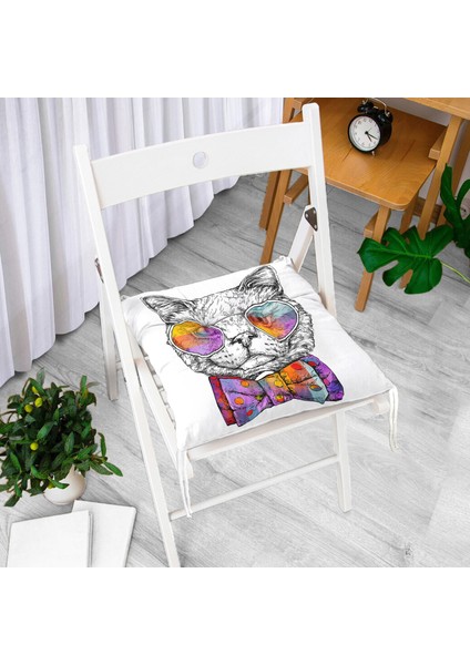Renkli Gözlüklü Siyah Beyaz Kedi Dijital Baskılı Modern Pofidik Sandalye Minderi fiyatları
