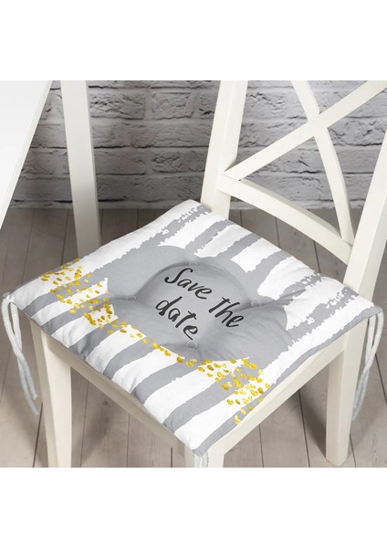 Gri Zeminde Save The Date Motifli Modern Pofidik Sandalye Minderi