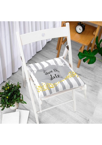 Gri Zeminde Save The Date Motifli Modern Pofidik Sandalye Minderi