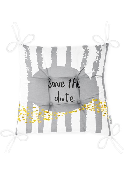 Gri Zeminde Save The Date Motifli Modern Pofidik Sandalye Minderi