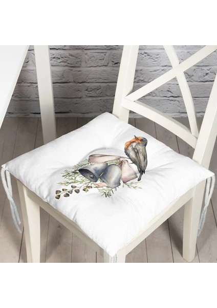 Çan & Kuş Motifli Dijital Baskılı Modern Pofidik Sandalye Minderi
