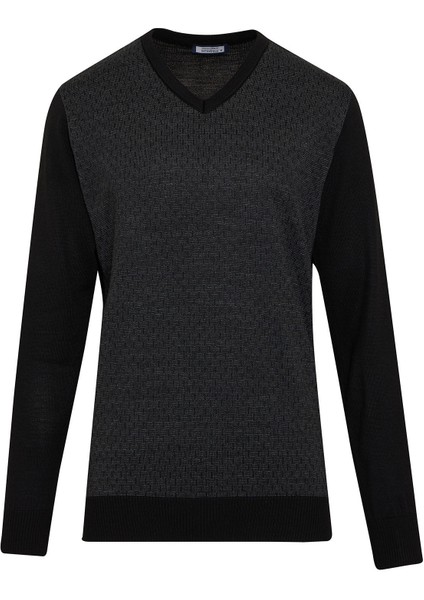 Erkek Siyah Desenli V Yaka Yünlü Triko Kazak