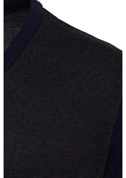 Erkek Lacivert Desenli V Yaka Yünlü Triko Kazak modelleri