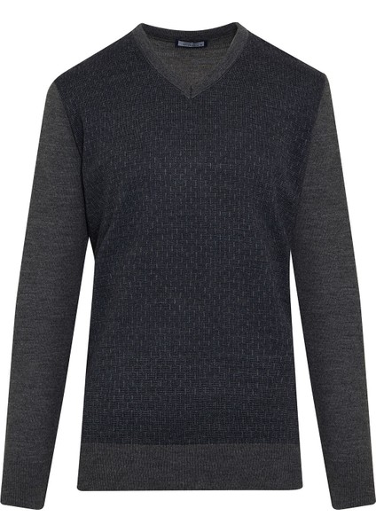 Erkek Gri Desenli V Yaka Yünlü Triko Kazak