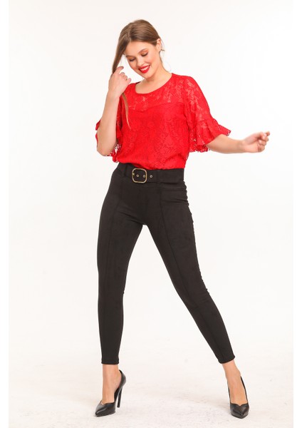 Beli Kumaş Kaplama Kemerli Önü Çıma Dikiş Ütü Izli Dar Paça Süet Pantolon | PNT32569