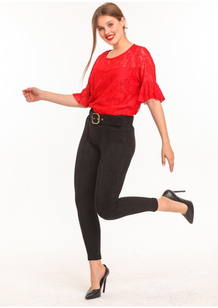 Beli Kumaş Kaplama Kemerli Önü Çıma Dikiş Ütü Izli Dar Paça Süet Pantolon | PNT32569 modelleri