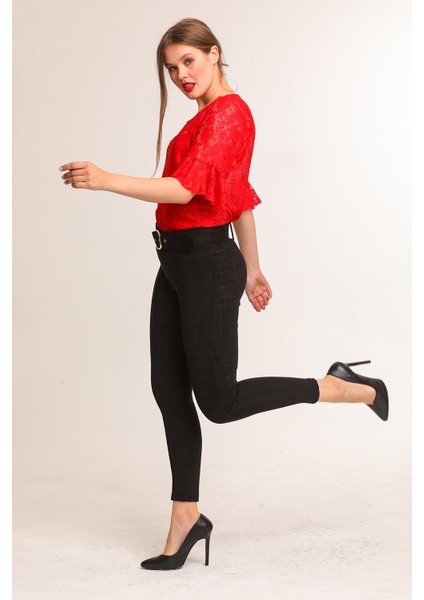 Beli Kumaş Kaplama Kemerli Önü Çıma Dikiş Ütü Izli Dar Paça Süet Pantolon | PNT32569 fırsatları