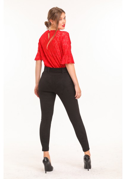 Beli Kumaş Kaplama Kemerli Önü Çıma Dikiş Ütü Izli Dar Paça Süet Pantolon | PNT32569 indirimleri