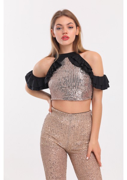 Kol ve Yanları Volanlı Payet Bluz | BLZ32229 Gold