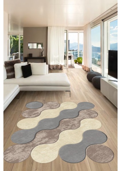 Bulut Desenli Gri-Krem-Vizon Lazer Kesim Halı (Makinada Yıkanabilir Kaymaz Dot Taban) -WL335