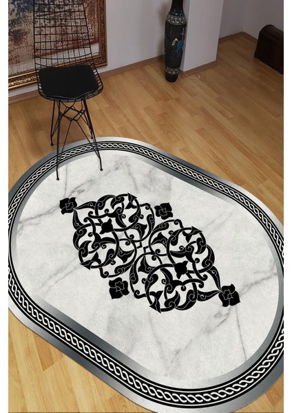 Gri Çerçeveli Mermer Zeminli Oval Halı (Makinada Yıkanabilir Kaymaz Dot Taban) - ES1135