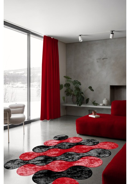 Bulut Desenli Kırmızı-Siyah Lazer Kesim Halı (Makinada Yıkanabilir Kaymaz Dot Taban) -WL339