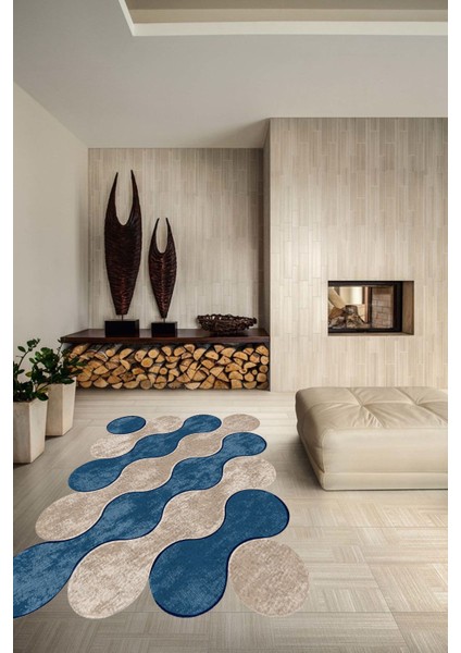 Bulut Desenli Lacivert-Vizon Lazer Kesim Halı (Makinada Yıkanabilir Kaymaz Dot Taban) -WL347