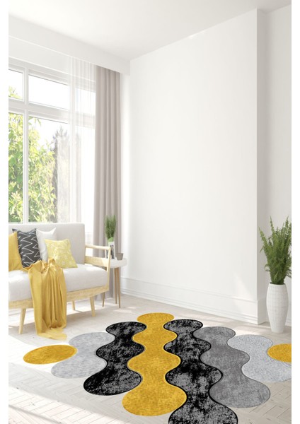 Bulut Desenli Siyah-Gri-Sarı Lazer Kesim Halı (Makinada Yıkanabilir Kaymaz Dot Taban) -WL340