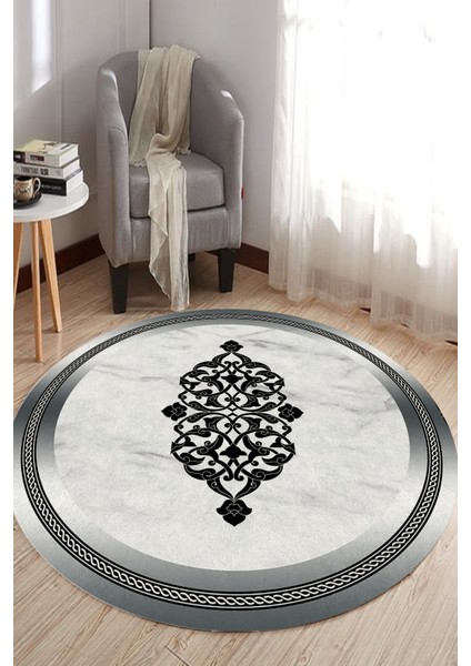 Gri Çerçeveli Mermer Zeminli Yuvarlak Halı (Makinada Yıkanabilir Kaymaz Dot Taban) - ES1135