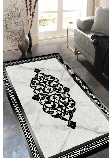 Siyah Çerçeveli Mermer Zeminli Halı (Makinada Yıkanabilir Kaymaz Dot Taban) - ES1136