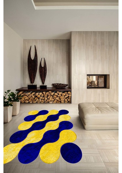 Bulut Desenli Sarı-Lacivert Lazer Kesim Halı (Makinada Yıkanabilir Kaymaz Dot Taban) -WL358