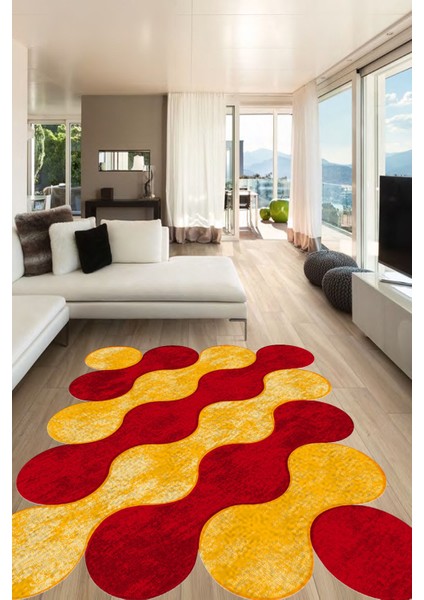 Bulut Desenli Sarı-Kırmızı Lazer Kesim Halı (Makinada Yıkanabilir Kaymaz Dot Taban) -WL357