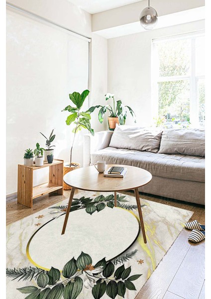 Yeşil Yapraklı Çerçeve Motifli Halı (Makinada Yıkanabilir Kaymaz Dot Taban) -WL1100