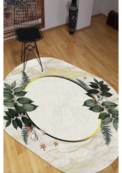 Yeşil Yapraklı Çerçeve Motifli Oval Halı (Makinada Yıkanabilir Kaymaz Dot Taban) -WL1100