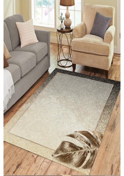 Yaprak Desenli Gold-Beyaz Halı (Makinada Yıkanabilir Kaymaz Dot Taban) -WL1109