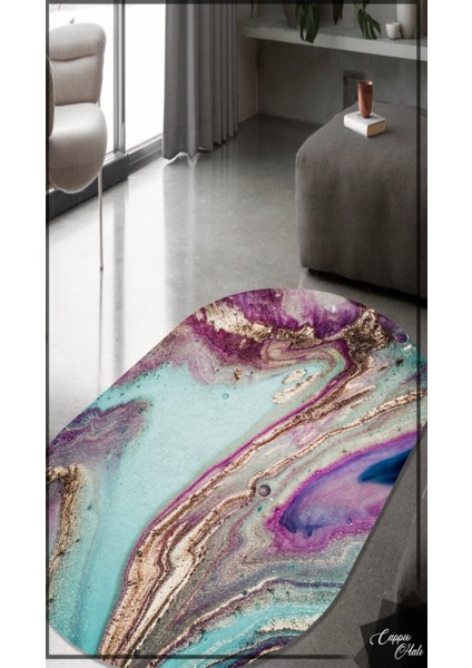 Turkuaz Mor Geçişli Mermer Desenli Oval Halı (Makinada Yıkanabilir Kaymaz Dot Taban) - ES1113