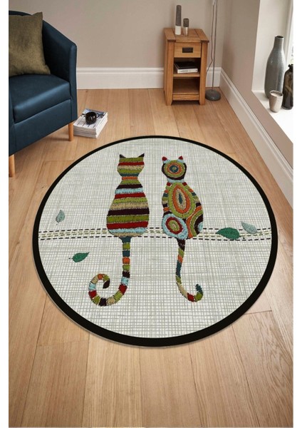 Kedi Desenli Yuvarlak Halı (Makinada Yıkanabilir Kaymaz Dot Taban) - ES1137