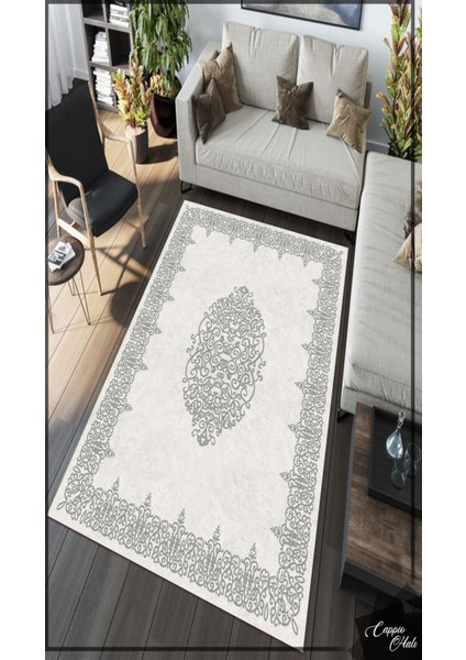 Göbek Motifli Gri-Beyaz Halı (Makinada Yıkanabilir Kaymaz Dot Taban) -WL1114