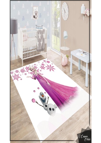 Elsa Karlar Ülkesi Desenli Çocuk Odası Halısı (Makinada Yıkanabilir Kaymaz Dot Taban) -WL1119