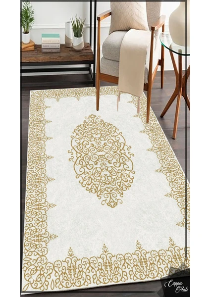 WOOLLY Halı Göbek Motifli Gold-Beyaz Halı (Makinada Yıkanabilir Kaymaz Dot Taban) -WL1115