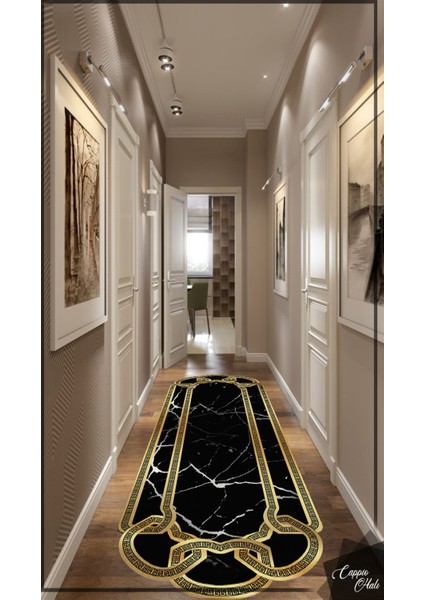 Siyah Mermer Desenli Lazer Kesim Halı (Makinada Yıkanabilir Kaymaz Dot Taban) -WL1118