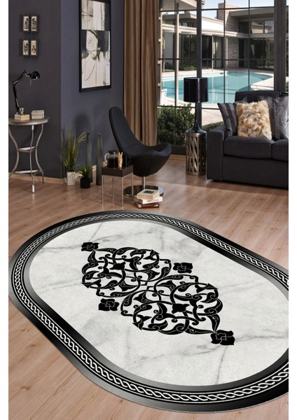 Siyah Çerçeveli Mermer Zeminli Oval Halı (Makinada Yıkanabilir Kaymaz Dot Taban) -WL1136