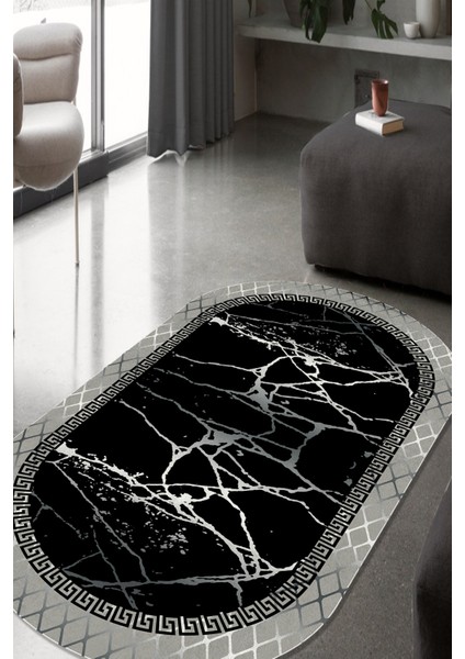 Mermer Desenli Çerçeveli Gri-Siyah Oval Halı (Makinada Yıkanabilir Kaymaz Dot Taban) - ES1105