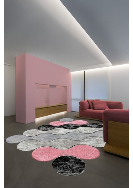 Bulut Desenli Gri-Siyah-Pembe Lazer Kesim Halı (Makinada Yıkanabilir Kaymaz Dot Taban) - ES349