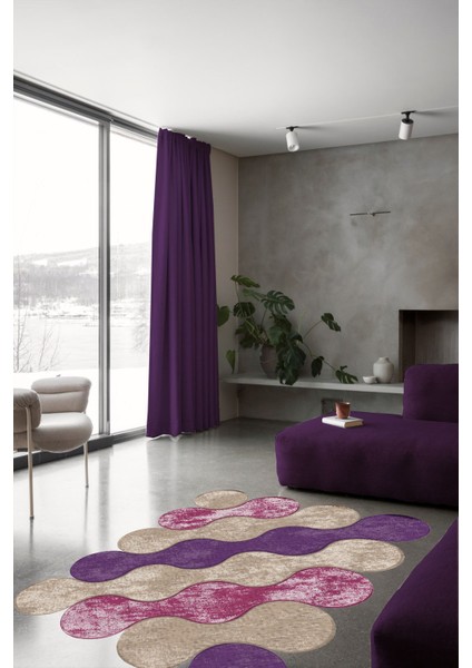 Bulut Desenli Mor-Pembe-Kahve Lazer Kesim Halı (Makinada Yıkanabilir Kaymaz Dot Taban) - ES345