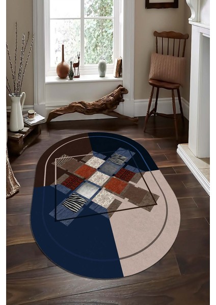 Kareler Içinde Farklı Motifli Oval Halı (Makinada Yıkanabilir Kaymaz Dot Taban) - ES1102