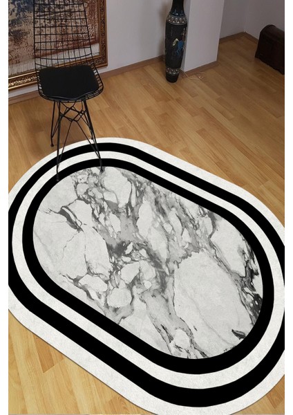 Siyah Beyaz Şeritli Mermer Desenli Oval Halı (Makinada Yıkanabilir Kaymaz Dot Taban) - ES1108