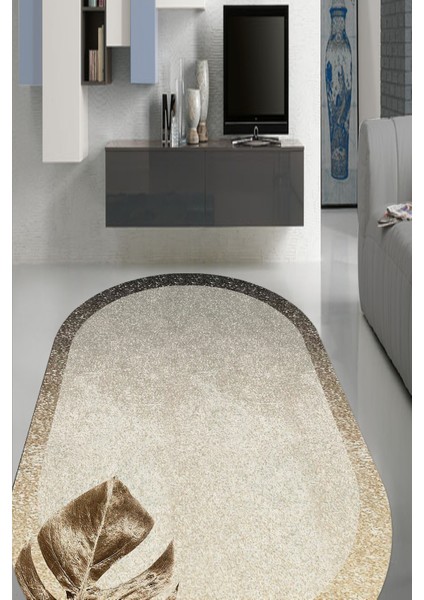 Yaprak Desenli Gold-Beyaz Oval Halı (Makinada Yıkanabilir Kaymaz Dot Taban) - ES1109