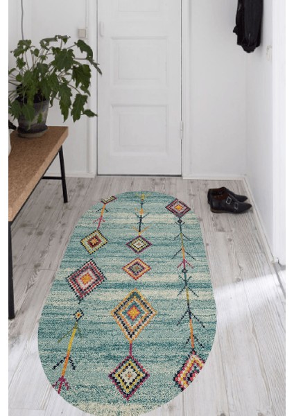 Şönil Klim Desenli Turkuaz Oval Halı (Makinada Yıkanabilir Kaymaz Dot Taban) - ES1134