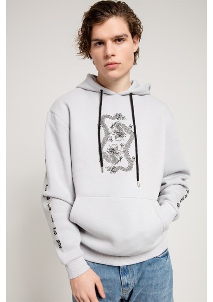 Dragon Baskılı Gri Oversize Erkek Sweatshirt