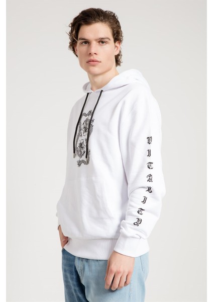 Dragon Baskılı Beyaz Oversize Erkek Sweatshirt
