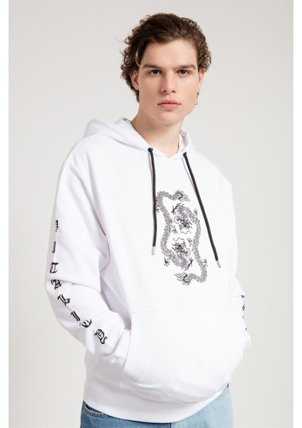 Dragon Baskılı Beyaz Oversize Erkek Sweatshirt fiyatları