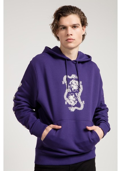 Dragon Baskılı Mor Oversize Erkek Sweatshirt