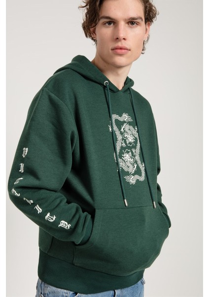 Dragon Baskılı Yeşil Oversize Erkek Sweatshirt