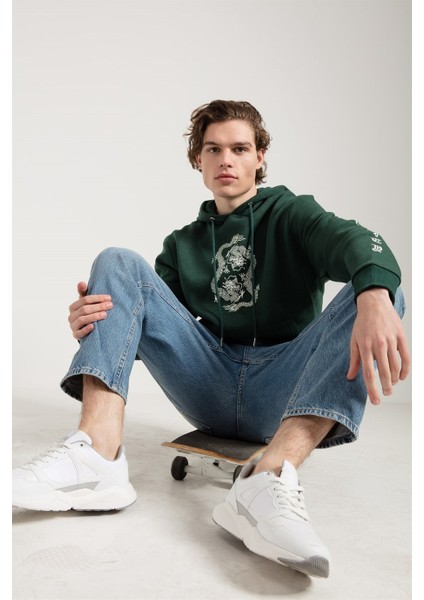 Dragon Baskılı Yeşil Oversize Erkek Sweatshirt fiyatları